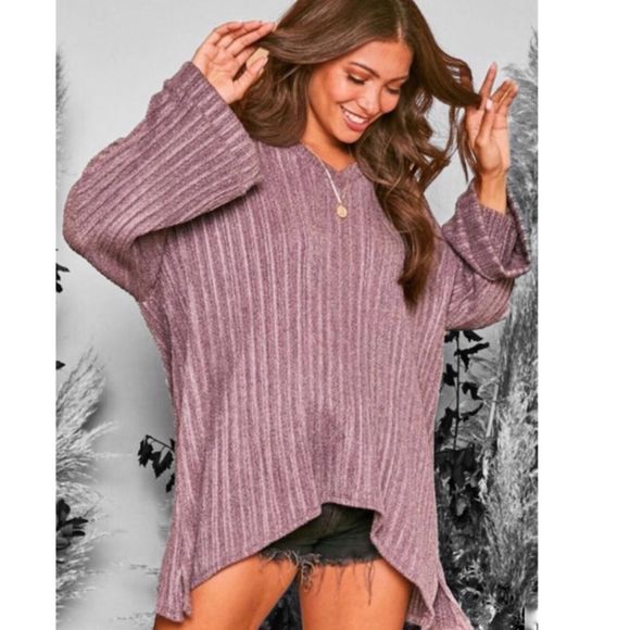 SMOKE PURPLE RIBBED KNIT HOODIE - Picture 3 of 8